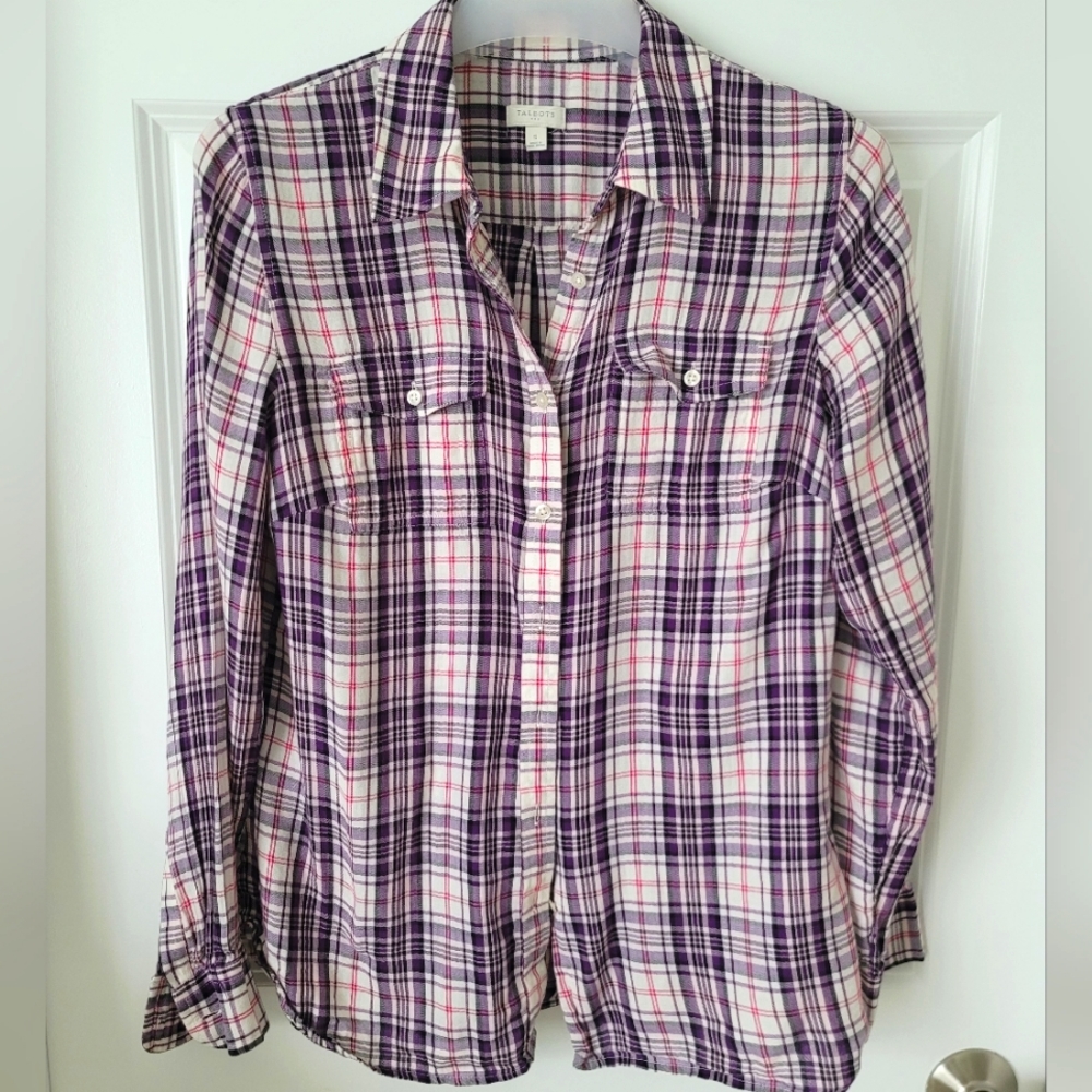 Talbots Purple checkered button down shirt